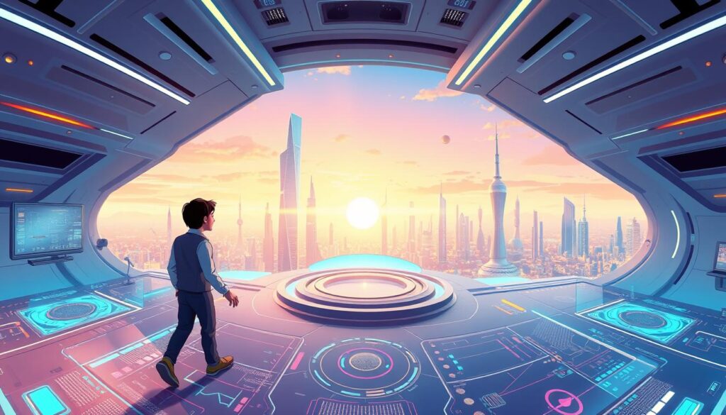 A 360-degree virtual world with a dynamic, futuristic atmosphere. In the foreground, an avatar navigates an immersive, holographic landscape, interacting with various digital interfaces and controls. The middle ground features a sleek, minimalist architectural design, with seamless integration of augmented reality elements. In the background, a vibrant, kaleidoscopic skyline with towering skyscrapers, glowing neon accents, and a hint of a bustling, AI-powered metropolis. Soft, directional lighting casts a warm, futuristic glow, while a subtle depth of field effect creates a sense of depth and scale. The overall scene conveys a vision of a technologically advanced, interconnected future where virtual and physical worlds converge.