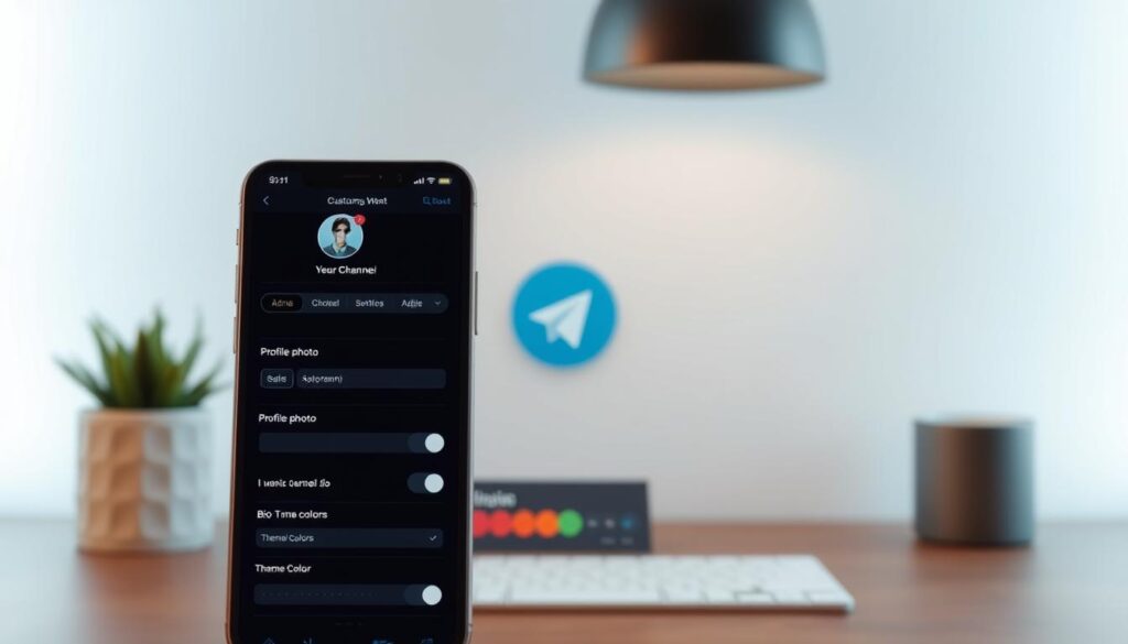A Telegram channel profile showcasing customization options. A sleek smartphone interface displays various settings and customization tools, allowing the channel owner to personalize their channel's appearance. The foreground features intuitive controls for adjusting profile photo, username, bio, and theme colors. In the middle ground, a Telegram logo subtly represents the platform. The background depicts a clean, minimalist workspace, with subtle grid patterns and muted tones that complement the overall design. Ambient lighting casts a soft, professional glow, highlighting the attention to detail in the channel customization process. The overall mood is one of simplicity, control, and brand identity.
