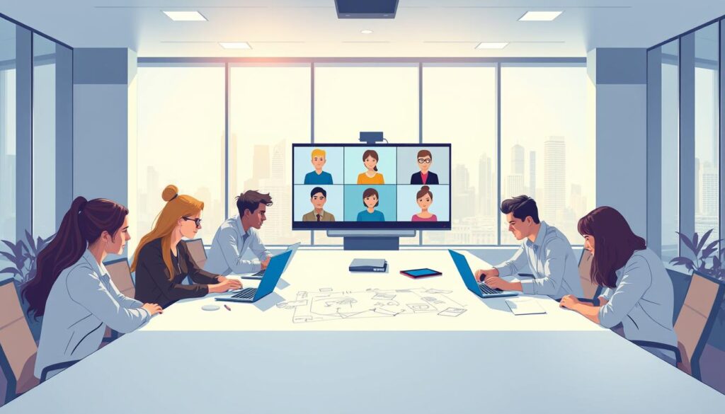 A bright, airy office setting with a large central table where a diverse team of professionals collaborate. In the foreground, colleagues huddle around laptops, sketching ideas on a whiteboard. The middle ground features a conference call with remote team members, their faces visible on a large screen. Soft, diffused lighting casts a warm glow, creating an atmosphere of creativity and productivity. The background showcases floor-to-ceiling windows overlooking a bustling city skyline, reinforcing the sense of a dynamic, innovative workspace. The overall scene conveys a spirit of teamwork, ideation, and a shared sense of purpose.