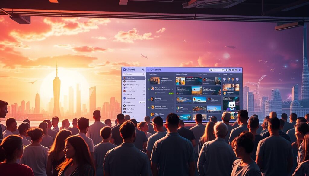 A bustling Discord community hub set against a backdrop of vibrant digital landscapes. In the foreground, a diverse group of engaged users collaborating and interacting in a warm, welcoming atmosphere. The middle ground features a sleek, modern Discord interface with dynamic channels, vibrant graphics, and customizable emotes. In the background, a dynamic cityscape of skyscrapers and digital infrastructure, symbolizing the growth and connectivity of the community. Soft, ambient lighting and a sense of dynamic energy create an inviting, inspirational mood, capturing the essence of a thriving, conversion-focused Discord hub.