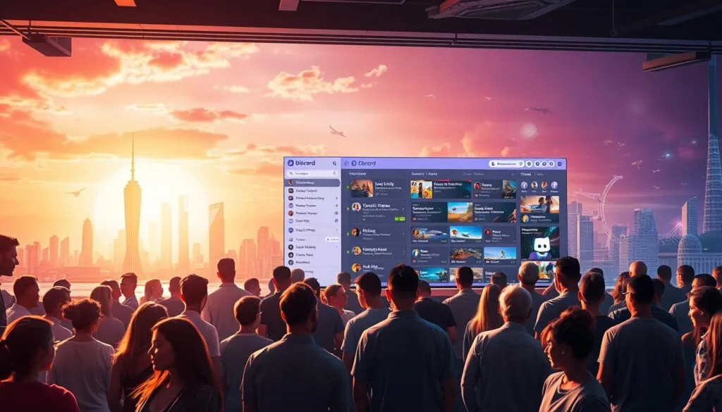 A bustling Discord community hub set against a backdrop of vibrant digital landscapes. In the foreground, a diverse group of engaged users collaborating and interacting in a warm, welcoming atmosphere. The middle ground features a sleek, modern Discord interface with dynamic channels, vibrant graphics, and customizable emotes. In the background, a dynamic cityscape of skyscrapers and digital infrastructure, symbolizing the growth and connectivity of the community. Soft, ambient lighting and a sense of dynamic energy create an inviting, inspirational mood, capturing the essence of a thriving, conversion-focused Discord hub.
