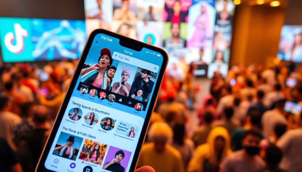 A bustling TikTok feed, brimming with engaging content and viral potential. In the foreground, a smartphone displays a vibrant TikTok interface, its "For You" page filled with captivating videos. The middle ground showcases a diverse array of creators, each with their distinct styles and growing followings. In the background, a collage of trending hashtags, effects, and soundtracks sets the stage for a dynamic and ever-evolving platform. Warm lighting and a sleek, modern aesthetic convey the excitement and potential of leveraging TikTok to drive viral reach and amplify your brand's presence.