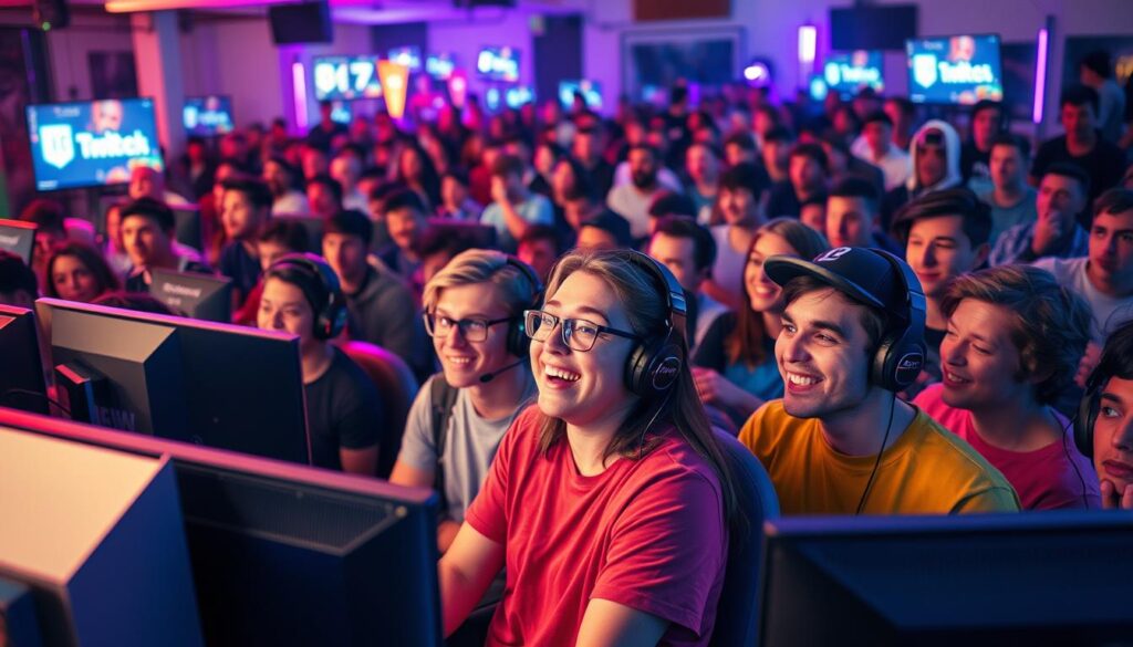 A bustling Twitch streaming community, captured in a vibrant and dynamic scene. In the foreground, a group of streamers engaged in lively on-camera interactions, their expressions animated and captivating. The middle ground features an array of gaming setups, each a unique representation of the diverse interests and passions within the community. In the background, a crowd of enthusiastic viewers, their faces illuminated by the glow of multiple screens, creating a sense of energy and connection. The scene is bathed in a warm, inviting lighting, with subtle hints of neon accents that evoke the energetic atmosphere of a Twitch stream. The overall composition conveys the sense of a thriving, collaborative, and supportive community, united by a shared love for gaming and content creation.