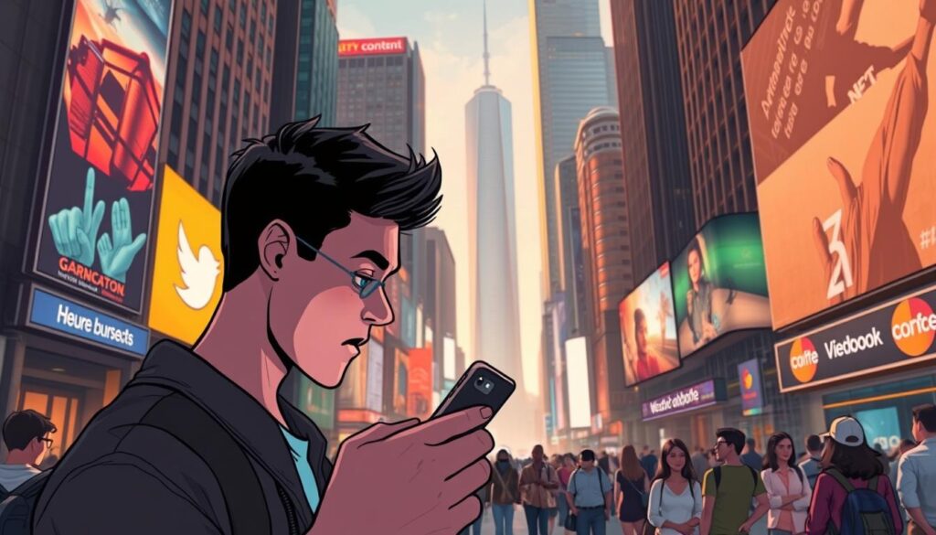 A bustling city street, its towering skyscrapers and neon-lit billboards casting a warm glow over the scene. In the foreground, a person gazes intently at their smartphone, their expression reflecting deep thought and focus. The device's screen displays a search engine interface, hinting at the user's intent to uncover valuable information. The middle ground features a diverse crowd of pedestrians, each with their own priorities and digital journeys. In the background, a towering data center looms, symbolizing the vast networks and algorithms powering the search landscape. Soft, directional lighting illuminates the scene, creating a sense of depth and atmosphere. This image conveys the synergy between search intent, social media, and content marketing in the age of AI-driven discoverability.