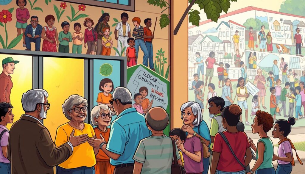 A bustling community center, its facade adorned with vibrant murals depicting diverse inhabitants. In the foreground, a group of residents engaged in lively discussions, hands gesturing animatedly as they collaborate on a local development project. The middle ground reveals a mix of generations, from elderly residents to young children, all participating in a neighborhood cleanup initiative. Warm, diffused lighting filters through the windows, creating a welcoming atmosphere. In the background, a mural showcases a collage of community events and gatherings, reflecting the rich tapestry of local initiatives that bring the neighborhood together.