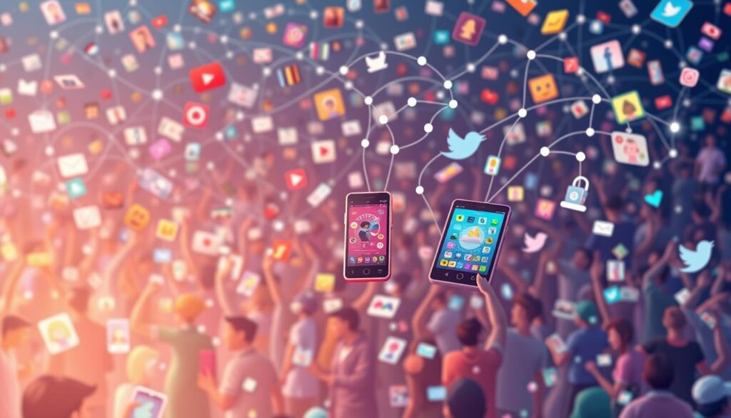 A bustling digital landscape, social media platforms swirl with vibrant user-generated content. In the foreground, a dynamic feed of diverse posts - images, videos, and shared experiences. The middle ground features a trio of interconnected mobile devices, their screens reflecting the boundless creativity of a global online community. In the background, a pulsing network of digital connections, data streams, and algorithmic curation, all weaving together to form a rich tapestry of user-driven engagement. Soft, diffused lighting casts a warm, inviting glow, while a cinematic depth of field emphasizes the seamless integration of technology and human expression. This is the power of user-generated content, unbound by the constraints of traditional media.