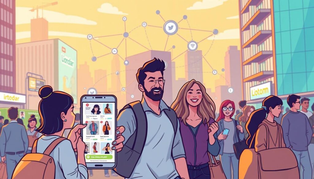 A bustling in-app social commerce scene, set against a modern, vibrant cityscape. In the foreground, customers browse a sleek mobile interface, seamlessly transitioning from product discovery to purchase. The mid-ground features a group of friends excitedly sharing their latest finds, their expressions animated and engaged. In the background, a network of platforms and services hum with activity, reflecting the integrated, community-driven nature of this new e-commerce landscape. Warm, natural lighting bathes the scene, creating a sense of approachability and connectivity. The overall atmosphere conveys the seamless, social, and user-centric experience of in-app social commerce.