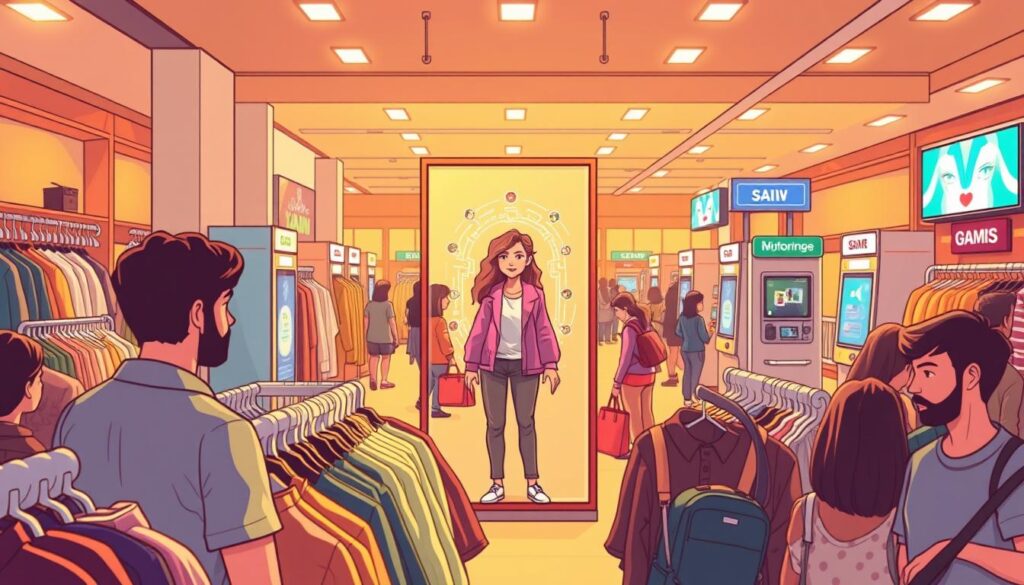 A bustling in-store shopping scene, captured with a wide-angle lens. The foreground features a group of shoppers browsing through clothing racks, their expressions engaged and attentive. The middle ground showcases an interactive AR mirror, where a shopper is trying on a virtual outfit, surrounded by a halo of digital overlays. In the background, a series of gamified kiosks and displays invite customers to participate in immersive product experiences. Warm, diffused lighting casts a welcoming glow, creating a vibrant and dynamic atmosphere that blends the physical and digital realms of the modern retail environment.