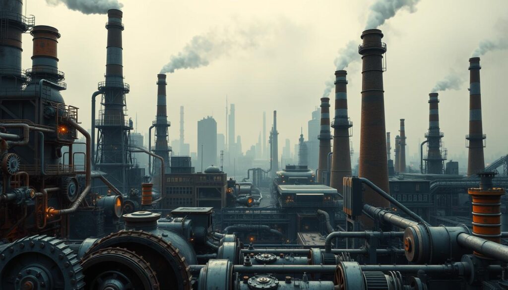A bustling industrial cityscape with towering factories, billowing smokestacks, and a maze of pipelines. In the foreground, gears and machinery churn away, casting a warm, amber glow. The middle ground features a mix of modern and vintage architectural styles, with sleek high-rises and weathered brick buildings. In the background, a hazy, overcast sky casts a muted, atmospheric tone, evoking a sense of the relentless, unwavering nature of industry. Captured with a wide-angle lens to convey the scale and complexity of the scene, the lighting is a combination of natural daylight and the artificial illumination of the factories, creating a dynamic, cinematic feel.