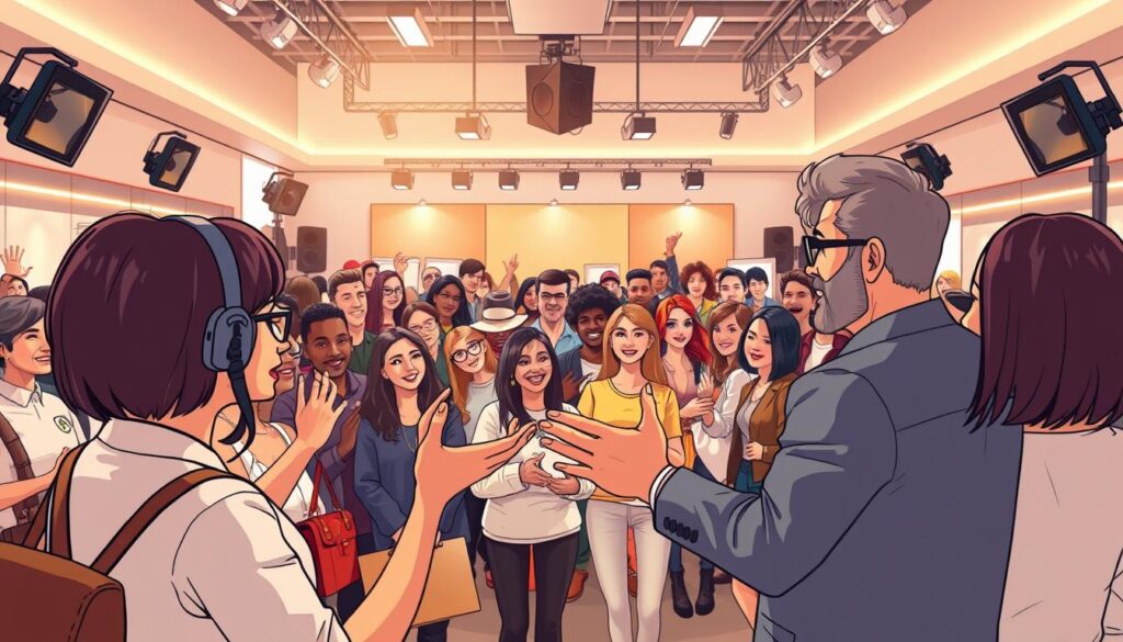 A bustling live shopping scene set in a modern, well-lit studio. In the foreground, a charismatic host gesticulates animatedly while showcasing a range of trendy products. The middle ground features a diverse audience of engaged shoppers, some raising their hands or leaning in to get a closer look. The background is filled with sleek, minimalist studio equipment and backdrops, creating a polished, professional atmosphere. Warm, soft lighting casts a flattering glow, while a dynamic camera angle captures the energy and interactivity of the live shopping experience.