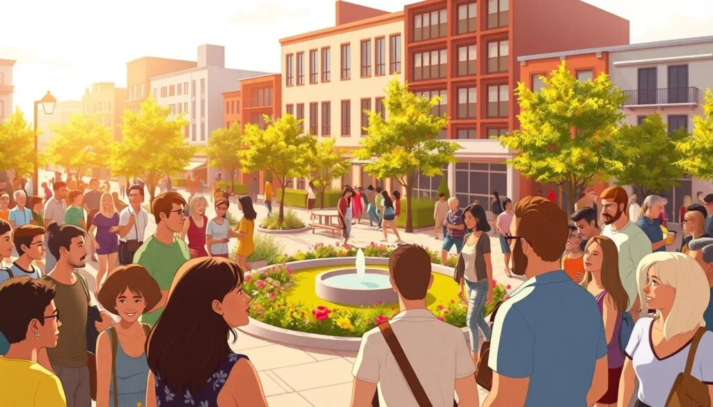 A bustling micro-community square, bathed in warm, golden afternoon light. In the foreground, a group of diverse individuals engaged in lively conversation, their faces radiating a sense of connection and belonging. The middle ground features a small, well-maintained garden with colorful flowers and a central water feature, inviting visitors to pause and reflect. In the background, a blend of modern and historic architecture frames the scene, suggesting a harmonious fusion of old and new. The overall atmosphere conveys a sense of vibrant, community-driven energy, where individuals from different backgrounds come together to forge meaningful relationships and enjoy shared experiences.