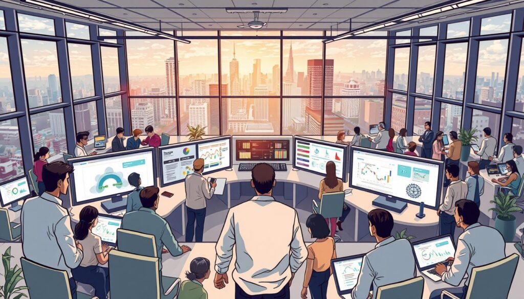 A bustling office environment, filled with professionals collaborating in a sleek, modern workspace. In the foreground, teams huddle around screens, discussing data visualizations and process diagrams, immersed in the flow of operational workflows. The middle ground features a central command station, where an AI assistant monitors system performance, guiding the team's decision-making with ethical, sustainable principles. In the background, floor-to-ceiling windows offer a panoramic view of a thriving, eco-conscious city skyline, setting the scene for a future-forward, purpose-driven workplace.