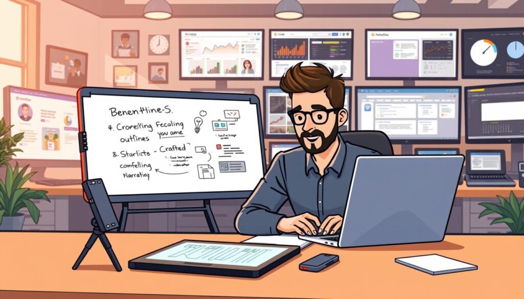 A bustling office scene, with a human content creator seated at a desk, surrounded by a variety of digital tools and interfaces. In the foreground, a tablet displays a digital whiteboard, where brainstorming ideas and outlines are taking shape. In the middle ground, the creator is typing intently on a sleek laptop, crafting compelling narratives. The background features an array of monitors displaying analytics, social media platforms, and creative software suites, all working in harmony to refine and optimize the content. Soft, warm lighting casts a focused, productive atmosphere, conveying the human-in-the-loop system at the heart of the content creation process.