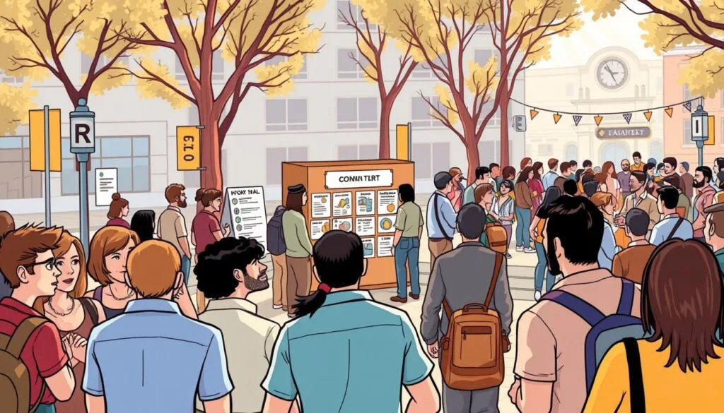 A bustling public square, capturing the various levels of community engagement. In the foreground, a group of citizens engaged in lively discussion, representing the "Consult" and "Involve" stages. In the middle ground, an informational booth with signage and brochures, conveying the "Inform" level. Towards the back, a town hall meeting with citizens actively participating, embodying the "Collaborate" and "Empower" stages. The scene is bathed in warm, natural lighting, creating a sense of openness and civic pride. The composition is dynamic, with a mix of formal and informal interactions, highlighting the diverse ways individuals can engage with their community. A bustling public square, capturing the various levels of community engagement. In the foreground, a group of citizens engaged in lively discussion, representing the "Consult" and "Involve" stages. In the middle ground, an informational booth with signage and brochures, conveying the "Inform" level. Towards the back, a town hall meeting with citizens actively participating, embodying the "Collaborate" and "Empower" stages. The scene is bathed in warm, natural lighting, creating a sense of openness and civic pride. The composition is dynamic, with a mix of formal and informal interactions, highlighting the diverse ways individuals can engage with their community.