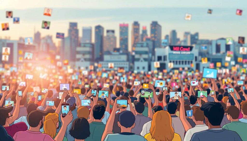 A bustling social media feed with a vibrant mosaic of user-generated content. In the foreground, dynamic images and videos shared by a diverse community, captured through a crisp, high-resolution lens. The middle ground features a central hub of interactive icons and engagement metrics, conveying the liveliness of the social experience. In the background, a blurred city skyline sets the stage, hinting at the global reach and connectivity of the digital landscape. The overall mood is one of energy, engagement, and the power of collective expression, evoking the essence of user-generated social content.