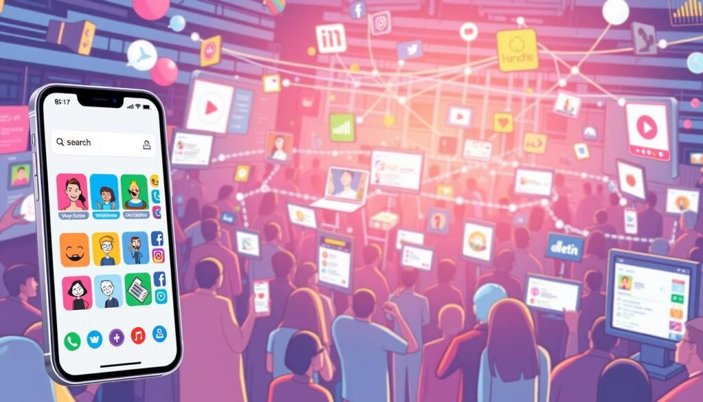 A bustling social media platform with an array of visually engaging content. In the foreground, a sleek smartphone screen displays a visually rich search interface, featuring colorful thumbnails, intuitive icons, and smooth transitions. The middle ground showcases a diverse array of social media posts, including images, videos, and interactive elements, all optimized for visual discovery. In the background, a dynamic network of interconnected devices and platforms, with data streams flowing seamlessly, enabling effortless visual search across multiple channels. The scene is bathed in a warm, inviting glow, reflecting the seamless integration of visual search into the social media experience of the future.