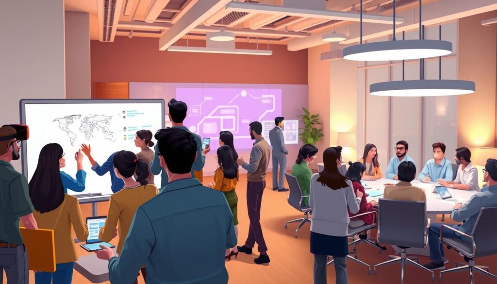 A bustling virtual office scene, with avatars representing diverse users engaged in a range of immersive activities. In the foreground, colleagues collaborate on a shared 3D whiteboard, their gestures and expressions conveying lively discussion. The middle ground features individuals experimenting with product prototypes, testing them in a simulated environment. In the background, a group gathers around a virtual conference table, their faces lit by the soft glow of holographic displays. Ambient lighting casts a warm, futuristic tone, while the architecture blends seamless virtual and physical elements. The scene captures the potential of avatar-based virtual worlds to facilitate productive, engaging, and seamless work experiences.