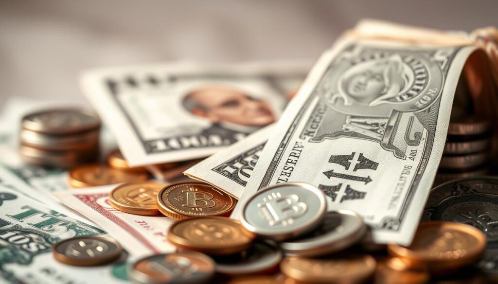 A captivating close-up photograph of various currencies and coins, arranged artfully against a soft, blurred background. The focus is on the intricate details and textures of the money, with some bills partially overlapping and coins strategically placed to create a sense of depth and dimension. The lighting is soft and diffused, casting gentle shadows and highlights that enhance the tactile quality of the materials. The overall composition conveys a sense of financial negotiation, with the different denominations and currencies suggesting the complexities of budgets and rates in a micro-influencer partnership.