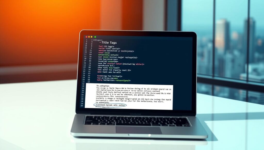 A captivating image of "title tags and meta description" for a technical SEO article. In the foreground, a clean and modern web browser window displays the HTML code for a webpage, its title tags and meta description prominently visible. The code is neatly formatted, with subtle highlights to draw the eye. In the middle ground, a laptop rests on a minimalist desk, its screen reflecting the browser window, emphasizing the importance of these technical on-page elements. The background features a blurred cityscape, hinting at the broader online landscape and the need for effective SEO to stand out. Warm, soft lighting casts a professional, authoritative tone, complementing the technical nature of the subject matter. The overall scene conveys a sense of focus, expertise, and the power of optimizing these essential HTML tags to boost online visibility. Prompt