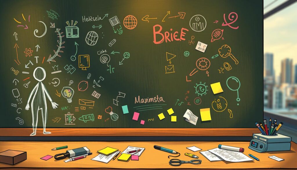 A chalkboard filled with colorful sketches, doodles, and scribbles, capturing the essence of a creative brief. Warm lighting illuminates the scene, casting a soft glow on the textured surface. In the foreground, a hand-drawn outline of a human figure, representing the creative process. Surrounding it, a whirlwind of ideas and inspirations - arrows, swirls, and abstract shapes in a variety of vibrant hues. The middle ground features a collage of cut-out magazine clippings, Post-it notes, and scattered office supplies, hinting at the collaborative nature of crafting a successful brief. In the background, a blurred cityscape, suggesting the larger context and the client's target audience.