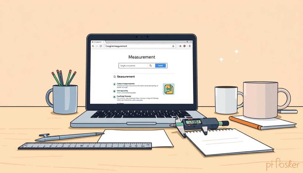 A clean, minimalist desktop workspace with a laptop screen displaying a Google search results page for "measurement". In the foreground, a ruler, protractor, and digital caliper are arranged neatly, symbolizing the tools of quantitative analysis. The middle ground features a coffee mug and notepad, hinting at the analytical process. The background depicts a warm, diffused lighting, creating a focused, productive atmosphere. The overall scene conveys a sense of attention to detail, data-driven decision making, and continuous improvement.