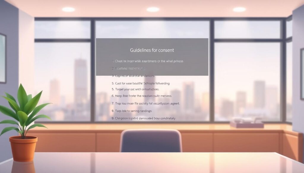 A clean, minimalist office scene with a glass desk and a potted plant in the foreground. Soft, diffused lighting illuminates the space, creating a warm, inviting atmosphere. In the middle ground, a set of guidelines for consent are neatly arranged, with clear and concise bullet points. The background features a soothing, blurred cityscape, suggesting a professional yet approachable setting. The overall composition conveys a sense of clarity, professionalism, and a commitment to ethical practices.