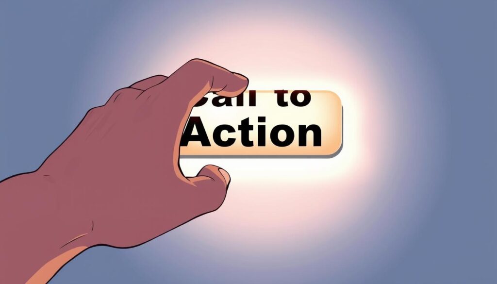 A close-up shot of a hand confidently pressing a large, prominent "Call-to-Action" button against a minimalist, elegant background. The button is luminous, with a sleek, modern design and a contrasting color that draws the eye. The scene is bathed in soft, directional lighting, creating depth and emphasizing the tactile quality of the button. The composition is balanced, with the button occupying the central focus, surrounded by negative space that allows it to stand out. The overall mood is one of decisive action, inviting the viewer to engage with the content.