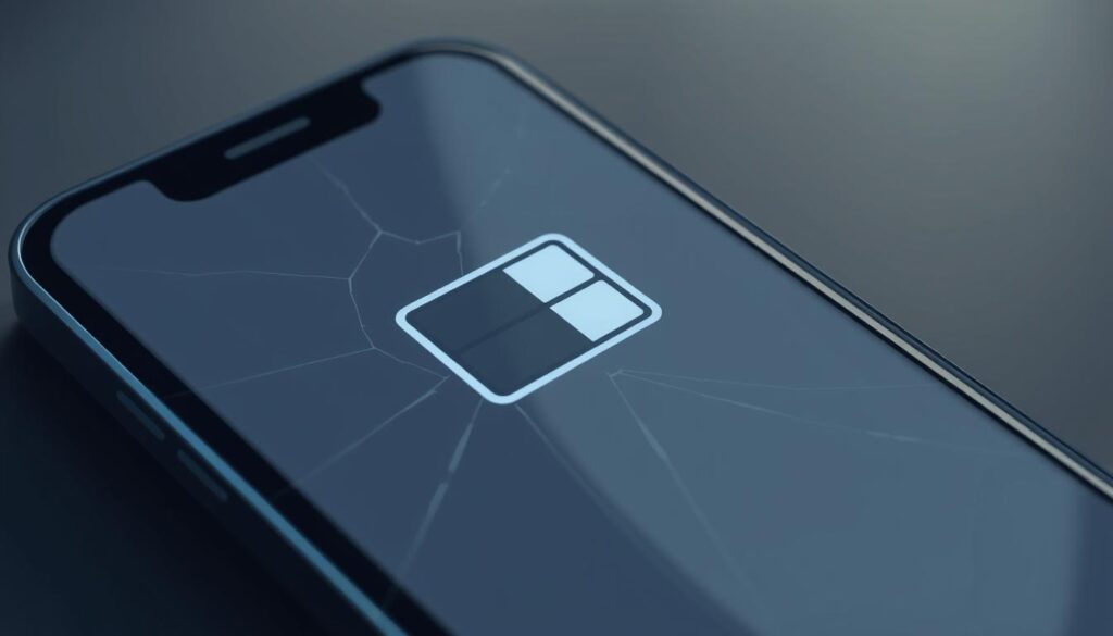 A close-up view of a partially depleted battery icon on a sleek, futuristic-looking smartphone display. The battery is rendered in a muted, subdued palette of grays and blues, conveying a sense of waning power. The screen is slightly cracked, adding a sense of wear and fragility. The lighting is low-key, with soft shadows and highlights that create depth and dimensionality. The composition places the battery icon prominently in the center, with a subtle blurred background hinting at the device's larger context. The overall mood is one of concern and anticipation, reflecting the importance of battery life for creators working on the go.