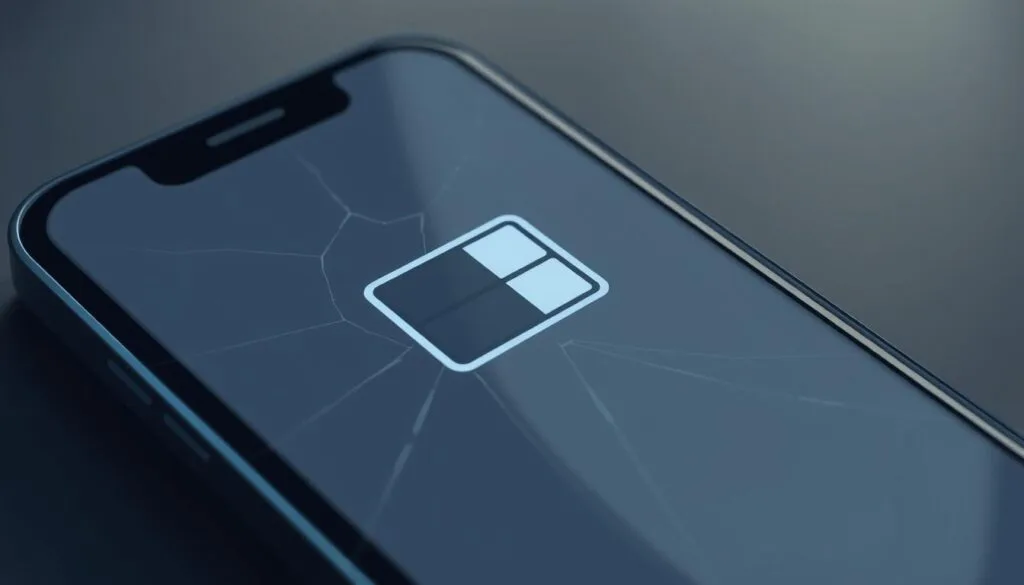A close-up view of a partially depleted battery icon on a sleek, futuristic-looking smartphone display. The battery is rendered in a muted, subdued palette of grays and blues, conveying a sense of waning power. The screen is slightly cracked, adding a sense of wear and fragility. The lighting is low-key, with soft shadows and highlights that create depth and dimensionality. The composition places the battery icon prominently in the center, with a subtle blurred background hinting at the device's larger context. The overall mood is one of concern and anticipation, reflecting the importance of battery life for creators working on the go.