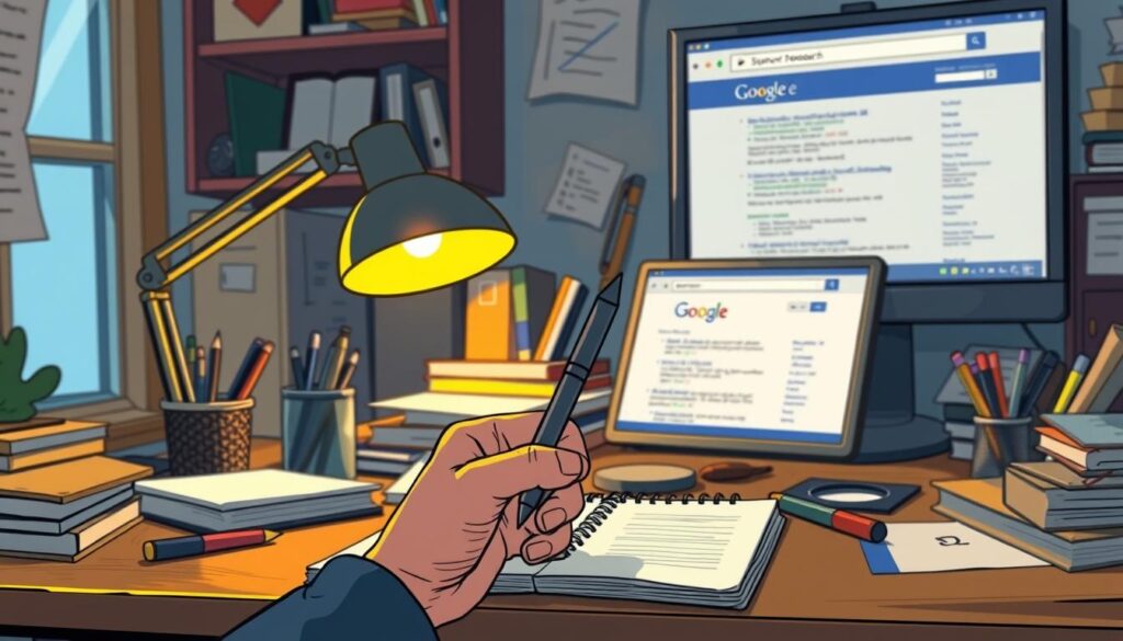 A cluttered desk with various office supplies, including a notebook, pens, and a magnifying glass. The desk is illuminated by a warm, desk lamp, casting a cozy glow. In the foreground, a hand holds a pen, poised to jot down notes. In the background, a computer screen displays a search engine results page, hinting at the process of keyword research. The atmosphere is one of focused concentration and problem-solving, reflecting the importance of understanding search intent and identifying the right keywords before writing content.