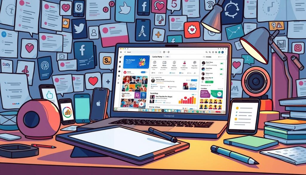A cluttered desktop with various social media tools and AI-powered content creation apps. In the foreground, a stylized graphic tablet with a digital pen hovers, ready for design and content curation. In the middle ground, a laptop screen displays a dashboard of social scheduling platforms, analytics tools, and AI text/image generators. The background is filled with a collage of smartphone notifications, social media app icons, and trending hashtags, all bathed in a soft, ambient lighting that evokes the digital ecosystem of modern social media management.