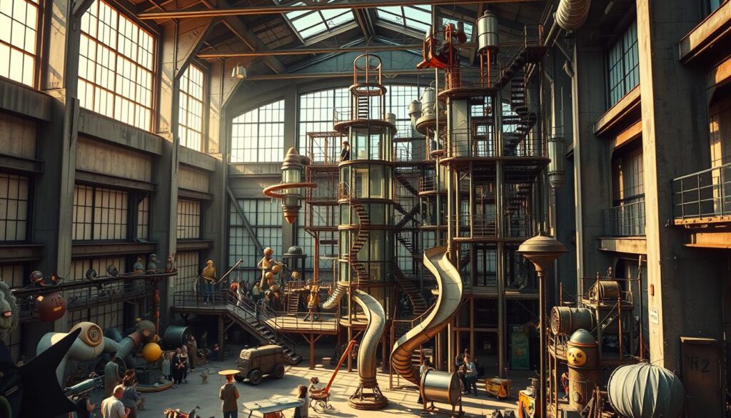 A colossal, immersive playground of metal, glass, and concrete, the City Museum in St. Louis invites visitors to explore its intricate, whimsical installations. In the foreground, a towering jungle gym of salvaged industrial materials stands as the centerpiece, its labyrinthine passageways and slides winding through the space. Bathed in warm, natural lighting filtering through the museum's expansive windows, the midground reveals an eclectic mix of found objects repurposed into interactive exhibits, beckoning visitors to touch and engage. In the background, the dramatic, industrial architecture frames the scene, its raw, textured surfaces creating a striking contrast with the playful, organic shapes of the installations. The overall atmosphere is one of boundless creativity and wonder, a testament to the power of imagination to transform the ordinary into the extraordinary.