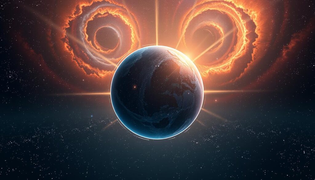 A cosmic sphere in a virtual reality landscape, floating amidst a sea of stars. Galaxies and nebulae swirl in the background, casting a warm, ethereal glow. The sphere's surface reflects the celestial dance, inviting the viewer to embark on a journey through the mysteries of the universe. Beams of light emanate from the sphere, guiding the way as the observer navigates through the immersive virtual realm. The lighting is soft and atmospheric, creating a sense of wonder and tranquility. The camera angle is slightly elevated, allowing the viewer to fully appreciate the grandeur of the scene. An audio visualization pulses in sync with a cosmic symphony, adding to the captivating, otherworldly ambiance.