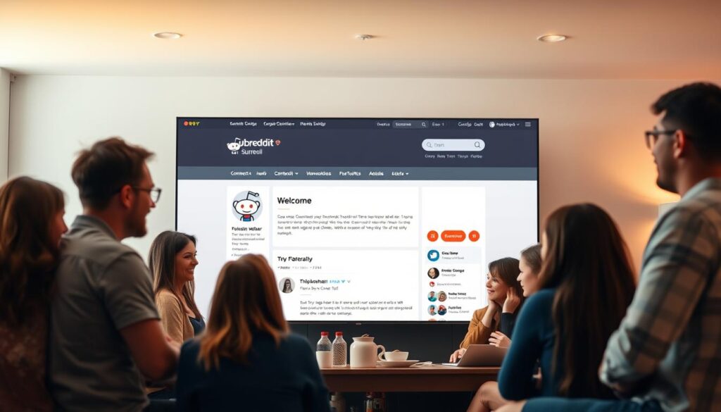 A cozy and inviting community gathering in a modern digital space. In the foreground, a diverse group of people engaged in lively discussions, their avatars reflecting their unique personalities. In the middle ground, a sleek and intuitive subreddit interface, with clean typography and seamless navigation. The background features a soft, warm-toned gradient, evoking a sense of connection and inclusivity. Subtle lighting casts a gentle glow, creating a welcoming and collaborative atmosphere. The overall composition conveys the joy of building an engaged, supportive subreddit community.