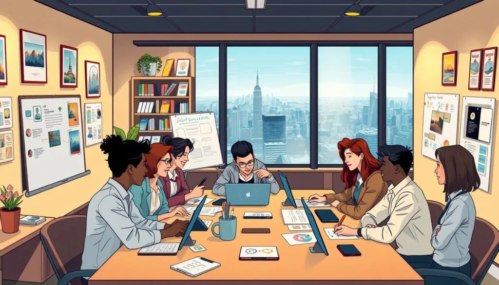 A cozy collaboration workspace with a central meeting table, surrounded by an array of digital devices, whiteboards, and inspirational artwork. Warm lighting casts a soft glow, creating a productive yet inviting atmosphere. In the foreground, a group of diverse professionals engage in animated discussions, exchanging ideas and sketching concepts. The middle ground features neatly organized shelves displaying various content types, from magazines to mood boards. The background showcases a panoramic view of a bustling cityscape, hinting at the broader context and opportunities for partnership and growth. A cozy collaboration workspace with a central meeting table, surrounded by an array of digital devices, whiteboards, and inspirational artwork. Warm lighting casts a soft glow, creating a productive yet inviting atmosphere. In the foreground, a group of diverse professionals engage in animated discussions, exchanging ideas and sketching concepts. The middle ground features neatly organized shelves displaying various content types, from magazines to mood boards. The background showcases a panoramic view of a bustling cityscape, hinting at the broader context and opportunities for partnership and growth.
