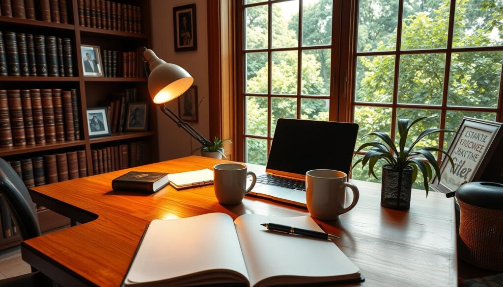 A cozy home office with a large window overlooking a lush garden. Warm, natural lighting filters through the glass, casting a soft glow on a wooden desk with a laptop, a stylish desk lamp, and a mug of coffee. In the foreground, an open notebook and a pen lie ready for jotting down creative ideas. The background features bookshelves filled with leather-bound volumes and framed photographs, hinting at the owner's diverse interests. The overall atmosphere is one of inspiration, productivity, and a touch of whimsy, perfectly suited for crafting engaging Instagram stories.