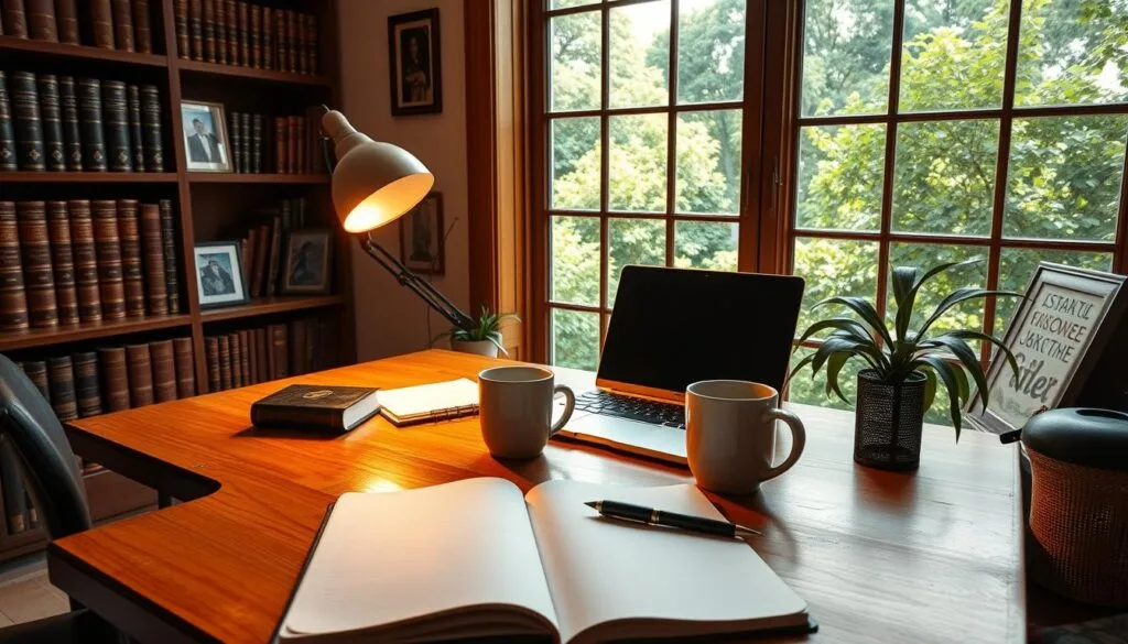 A cozy home office with a large window overlooking a lush garden. Warm, natural lighting filters through the glass, casting a soft glow on a wooden desk with a laptop, a stylish desk lamp, and a mug of coffee. In the foreground, an open notebook and a pen lie ready for jotting down creative ideas. The background features bookshelves filled with leather-bound volumes and framed photographs, hinting at the owner's diverse interests. The overall atmosphere is one of inspiration, productivity, and a touch of whimsy, perfectly suited for crafting engaging Instagram stories. A cozy home office with a large window overlooking a lush garden. Warm, natural lighting filters through the glass, casting a soft glow on a wooden desk with a laptop, a stylish desk lamp, and a mug of coffee. In the foreground, an open notebook and a pen lie ready for jotting down creative ideas. The background features bookshelves filled with leather-bound volumes and framed photographs, hinting at the owner's diverse interests. The overall atmosphere is one of inspiration, productivity, and a touch of whimsy, perfectly suited for crafting engaging Instagram stories.