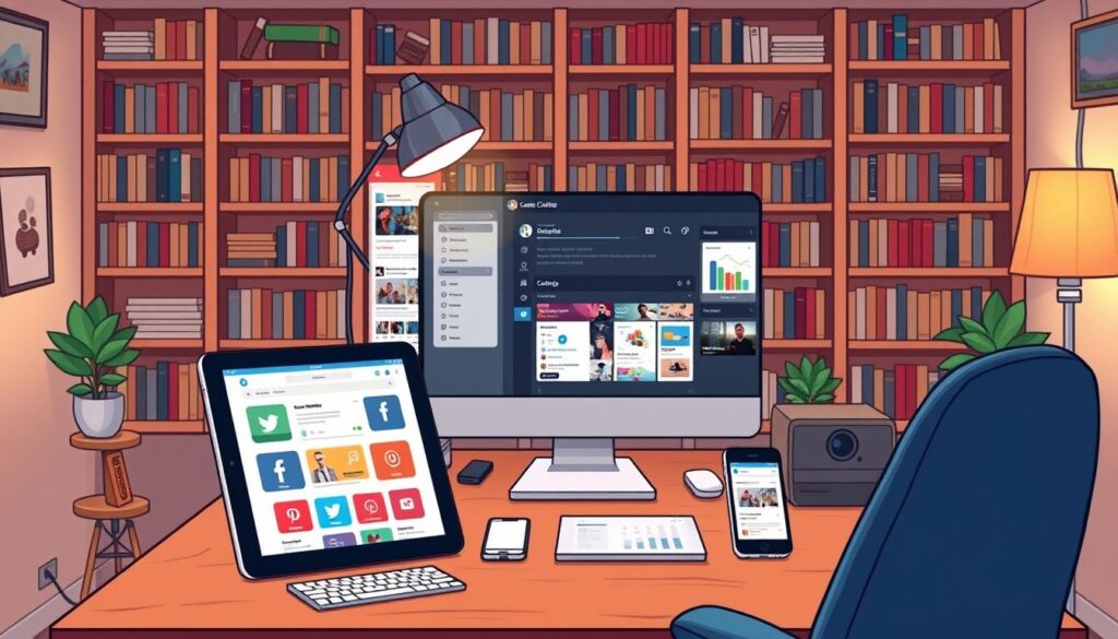 A cozy home office with a wood desk, surrounded by a variety of content curation tools neatly arranged. In the foreground, a desktop computer, a tablet, and a smartphone display different social media platforms and content management apps. In the middle ground, a sleek monitor showcases a digital dashboard for organizing and scheduling posts. In the background, bookshelves filled with marketing and branding resources, complemented by warm lighting and a calm, focused atmosphere.