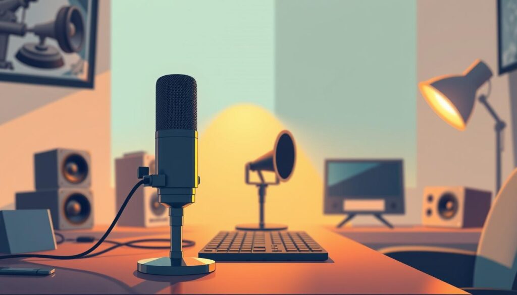 A cozy home studio setup with a professional-grade microphone on a sleek desk, bathed in warm, soft lighting. In the background, subtle sound waves emanate, creating an atmosphere of concentrated audio production. The scene exudes a sense of creative focus, as if the perfect podcast episode is about to be recorded. The overall aesthetic is modern, minimalist, and inspirational, reflecting the high-quality audio output one can achieve without a dedicated studio space.