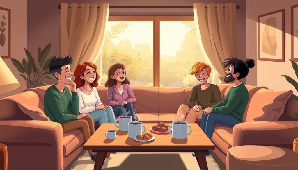 A cozy living room scene, bathed in warm, soft lighting. In the foreground, a group of friends sitting on a plush, L-shaped sofa, engaged in animated conversation, their faces lit with joy and connection. On a low wooden coffee table, mugs of steaming drinks and a plate of freshly baked pastries. In the middle ground, a large window overlooking a serene garden, the view framed by billowing curtains. The background is a blend of muted, earthy tones, creating a sense of intimacy and comfort. The overall atmosphere conveys a feeling of meaningful interaction, camaraderie, and a deep sense of community.