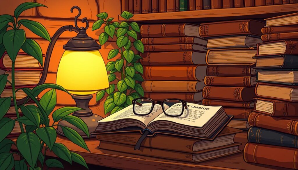 A cozy nook filled with a variety of vintage hardcover books, their spines revealing well-loved titles. Warm light from a table lamp illuminates the scene, casting a soft glow across the leather-bound volumes stacked neatly on rustic wooden shelves. The books are surrounded by lush, earthy-toned plants, adding a touch of nature to the intimate, analog setting. A pair of reading glasses rests atop an open book, hinting at the quiet contemplation and intellectual engagement that takes place within this personal sanctuary. The image conveys a sense of tranquility, curiosity, and a retreat from the digital noise, reflecting the rise of analog learning communities and the enduring appeal of physical books.