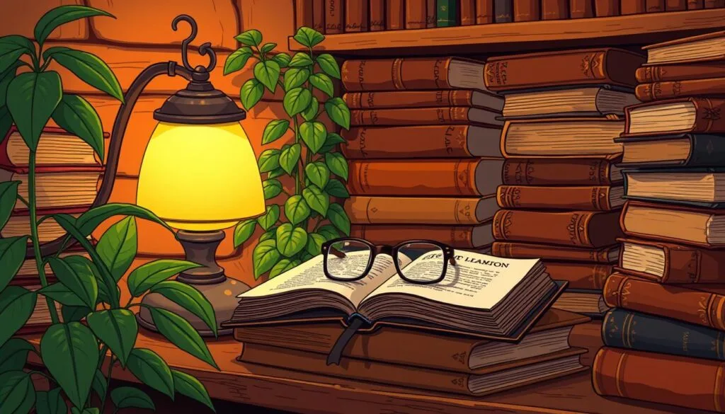A cozy nook filled with a variety of vintage hardcover books, their spines revealing well-loved titles. Warm light from a table lamp illuminates the scene, casting a soft glow across the leather-bound volumes stacked neatly on rustic wooden shelves. The books are surrounded by lush, earthy-toned plants, adding a touch of nature to the intimate, analog setting. A pair of reading glasses rests atop an open book, hinting at the quiet contemplation and intellectual engagement that takes place within this personal sanctuary. The image conveys a sense of tranquility, curiosity, and a retreat from the digital noise, reflecting the rise of analog learning communities and the enduring appeal of physical books. A cozy nook filled with a variety of vintage hardcover books, their spines revealing well-loved titles. Warm light from a table lamp illuminates the scene, casting a soft glow across the leather-bound volumes stacked neatly on rustic wooden shelves. The books are surrounded by lush, earthy-toned plants, adding a touch of nature to the intimate, analog setting. A pair of reading glasses rests atop an open book, hinting at the quiet contemplation and intellectual engagement that takes place within this personal sanctuary. The image conveys a sense of tranquility, curiosity, and a retreat from the digital noise, reflecting the rise of analog learning communities and the enduring appeal of physical books.