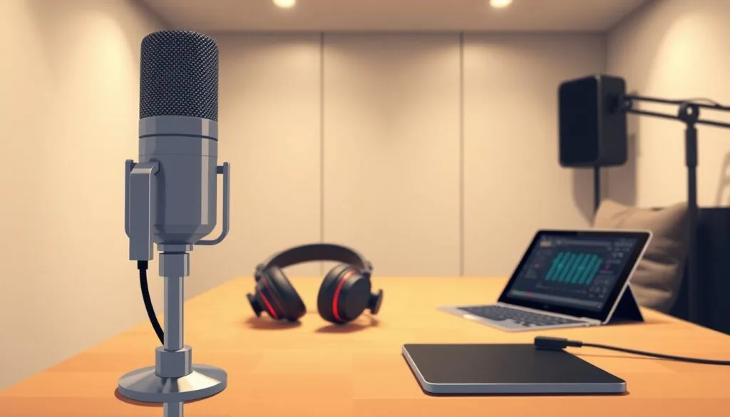 A cozy podcast studio with a modern, minimalist design. The foreground features a high-quality microphone on a sleek metal stand, its shape and texture clearly defined. In the middle ground, a pair of comfortable headphones rests on a wooden desk, alongside a tablet or laptop displaying audio editing software. The background showcases a softly lit, acoustically treated room with clean, geometric walls and indirect lighting that creates a warm, inviting atmosphere. The overall scene conveys a sense of professionalism, creativity, and the power of audio-centric content creation. A cozy podcast studio with a modern, minimalist design.