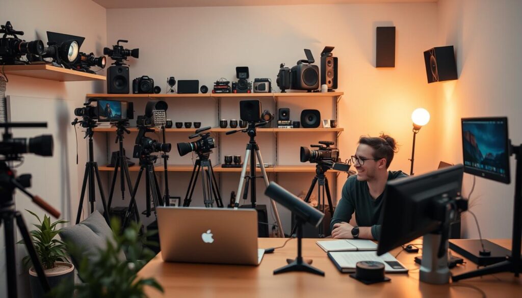 A cozy, well-lit YouTube studio with two content creators collaborating on their next video. In the foreground, two people sit at a desk, their faces animated as they discuss ideas, a laptop and various production equipment around them. In the middle ground, shelves line the walls, displaying cameras, lighting setups, and other video production gear. The background is softly blurred, suggesting a comfortable, productive work environment. The overall mood is one of creative energy and camaraderie, as the YouTubers work together to engage their audience.