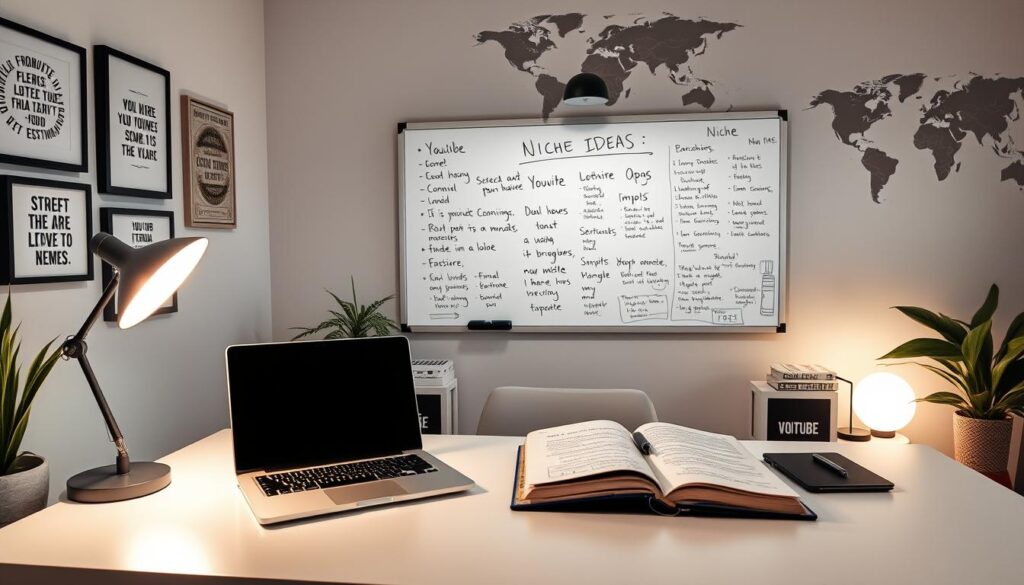A cozy, well-lit home office with a minimalist desk and a large, inspiring whiteboard displaying various YouTube niche ideas. On the desk, a modern laptop, a cup of coffee, and an open notebook filled with scribbles. The walls are adorned with framed inspirational quotes and a world map, conveying a sense of global reach and creativity. Soft, warm lighting illuminates the space, creating a tranquil and focused atmosphere ideal for brainstorming and planning a successful YouTube channel.