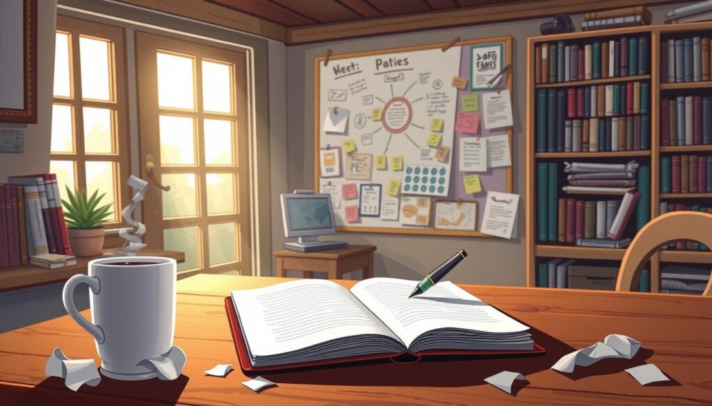 A cozy, well-lit study with a wooden desk, an open notebook, and a fountain pen poised mid-stroke. Soft, indirect lighting from a large window casts a warm glow, creating an atmosphere of focused creativity. In the foreground, a mug of steaming coffee and a scatter of crumpled paper snippets hint at the process of ideation. The middle ground features a bulletin board adorned with colorful sticky notes, mind maps, and sketches, conveying the dynamic exchange of ideas. The background is a bookshelf brimming with reference volumes, a reminder of the wealth of knowledge that inspires the writing and creative process.