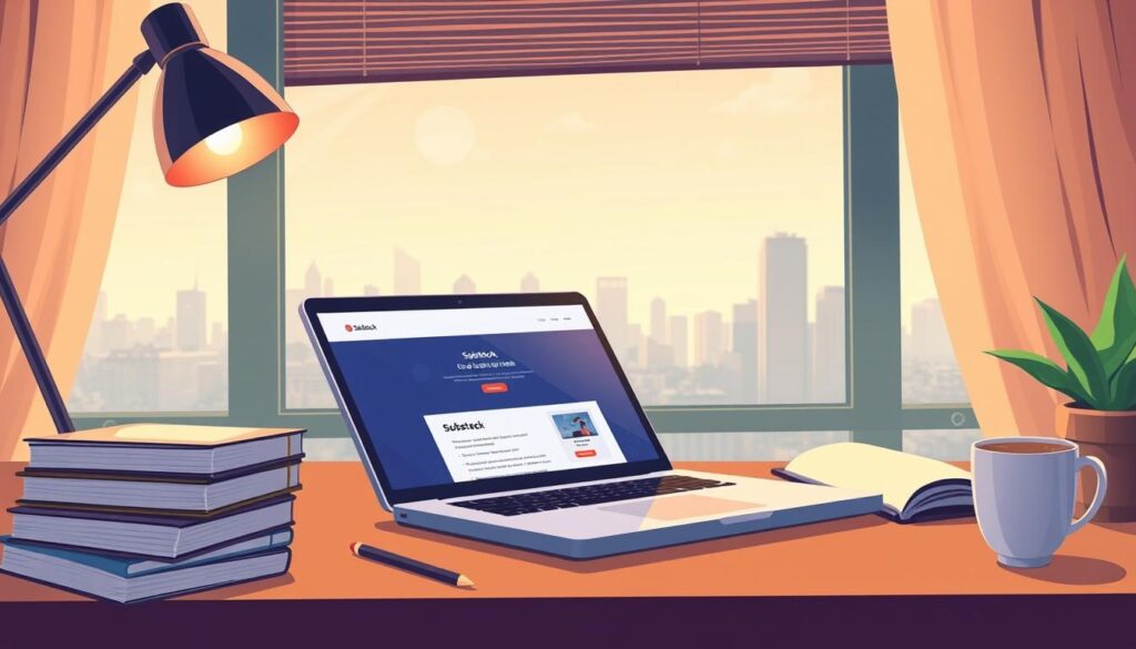 A cozy workspace with a laptop open to a Substack page, surrounded by a stack of notebooks, a stylish desk lamp, and a cup of steaming coffee. The scene is bathed in warm, soft lighting, creating a contemplative and productive atmosphere. In the background, a window overlooks a serene city skyline, hinting at the connection between the digital platform and the real-world creativity it fosters. The composition emphasizes the simplicity and focus required to build a successful Substack subscription, inviting the viewer to imagine themselves in this serene yet inspiring setting.