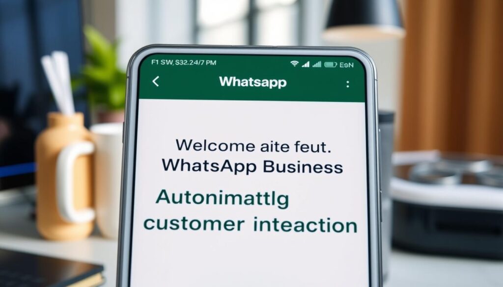 A crisp, clean-looking WhatsApp Business chat interface, showcasing a welcoming setup message against a slightly blurred background of stylish office equipment. The message appears in a prominent, easy-to-read font, conveying a friendly, professional tone. The scene is illuminated by soft, natural lighting, creating a calming atmosphere. The camera angle is slightly elevated, providing a clear view of the interface and creating a sense of organization and efficiency. The overall composition emphasizes the ease and simplicity of setting up automated customer interactions, in line with the article's focus on "Automating Customer Interactions".