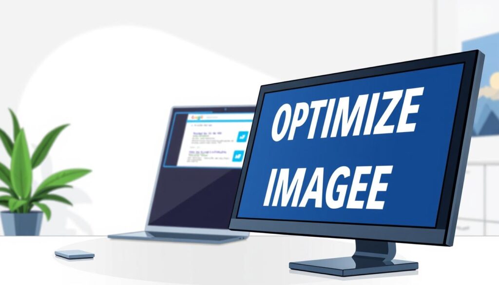 A crisp, well-lit photograph of a desktop computer screen displaying the words "OPTIMIZE IMAGES" in bold, modern typography. The screen is positioned in the foreground, slightly angled to showcase its contents. In the middle ground, an open laptop with a web browser window displaying search engine results, highlighting the importance of optimized images for online visibility. The background features a clean, minimalist office setting with a potted plant and sleek, contemporary decor, conveying a professional, tech-savvy atmosphere. The lighting is soft and directional, casting subtle shadows that add depth and dimension to the scene. The overall mood is one of efficiency, technology, and digital optimization.
