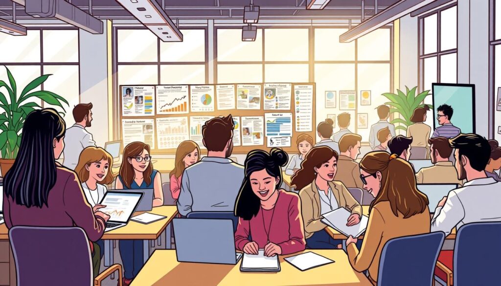 A crowded open-office workspace, sunlight streaming through large windows, desks and chairs arranged in a collaborative layout. In the foreground, a group of young professionals - a diverse team of micro-influencers - engaged in a lively discussion, laptops and notepads in hand. The middle ground shows a bulletin board adorned with social media analytics, influencer profiles, and potential partnership opportunities. In the background, a wall-mounted screen displays metrics and campaign performance data. The atmosphere is vibrant, creative, and focused, with a sense of exploration and discovery as the team seeks to identify the most impactful micro-influencer partners to elevate the brand.